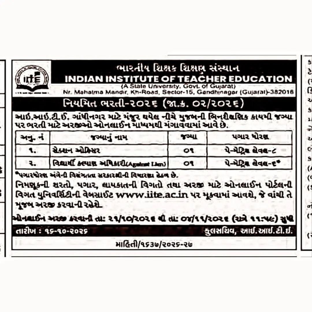 Indian Institute of Teacher Education (IITE) Gandhinagar Recruitment 2026
